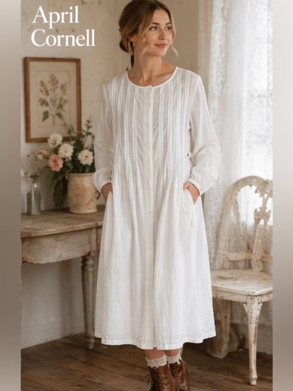 Vintage April Cornell Artist Smock Button Front Dress Cream S Pintuck Prairie